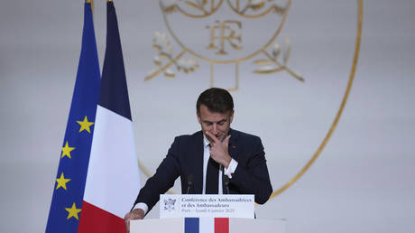 French President Emmanuel Macron delivers his speech to French ambassadors at the Elysee Palace in Paris, January6, 2025.