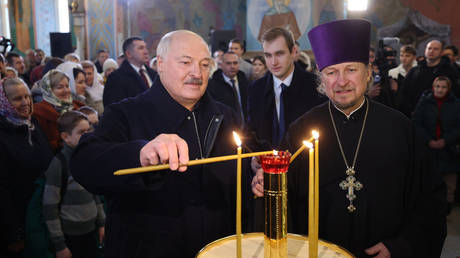 Belarusian President Alexander Lukashenko pictured during a Christmas service on January 7, 2025.