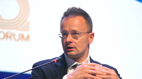 Peter Szijjarto, Minister of Foreign Affairs and Foreign Trade of Hungary during the plenary session on the St. Petersburg International Gas Forum