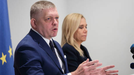 Slovak Prime Minister Robert Fico talks to the media in Brussels, Belgium on January 9, 2025.