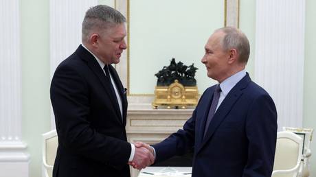 FILE PHOTO: Russian President Vladimir Putin meets Slovak Prime Minister Robert Fico in Moscow in December 2024.