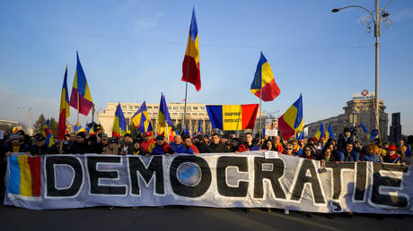 Protesters in Bucharest, Romania, on January 12, 2025.