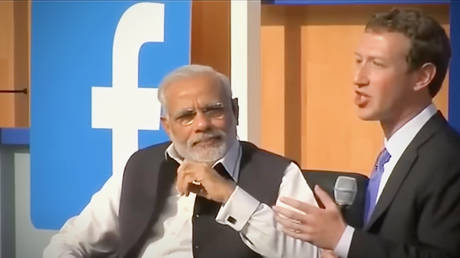 Indian Prime Minister Narendra Modi and Mark Zuckerberg at a Facebook question-and-answer Town Hall session on September 27, 2015.