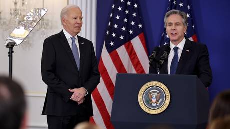 US Secretary of State Antony Blinken introduces President Joe Biden at the State Department on January 13, 2025.