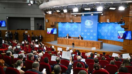 Russian Foreign Minister Sergey Lavrov and Russian Foreign Ministry spokeswoman Maria Zakharova attend an annual news conference in Moscow, Russia.