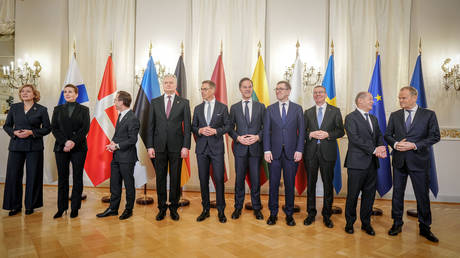 Leaders pose together for the family photo during the NATO Summit of Baltic Sea Allies in Helsinki, Finland on January 14, 2025.