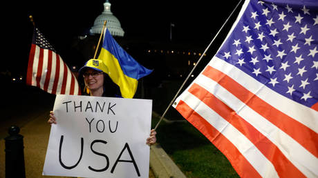 FILE PHOTO: Ukraine supporters rally outside the US Capitol after the Senate passed a foreign aid bill in Washington, DC, April 23, 2024.