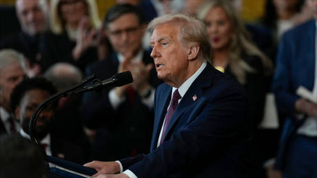 US President Donald Trump gives his inaugural address after being sworn in at the US Capitol Rotunda on January 20, 2025 in Washington, DC.