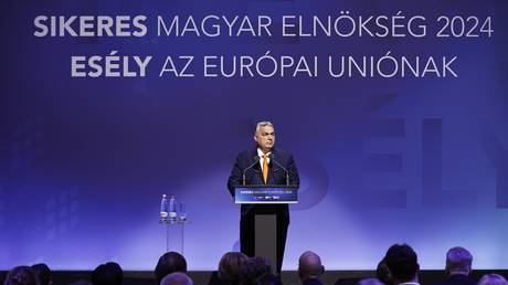 Hungarian Prime Minister Viktor Orban speaking at a conference titled ‘Hungary’s EU presidency 2024, a success story’ on January 20, 2025.