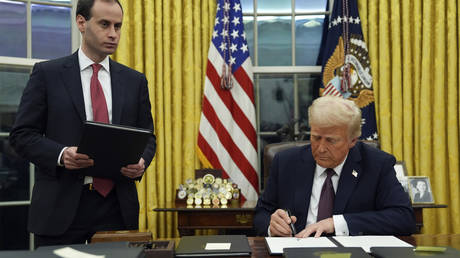 US President Donald Trump is seen in the Oval Office of the White House, Monday, Jan. 20, 2025, in Washington DC.