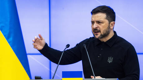 Ukrainian Vladimir Zelensky during a press conference after talks with Polish Prime Minister Donald Tusk in Warsaw, Poland, on January 15, 2024. © Iwanczuk/NurPhoto via Getty Images