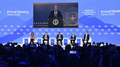 President of the United States of America (USA) Donald Trump, makes a speech via video-conference during the the 55th annual meeting of the World Economic Forum (WEF) in Davos, Switzerland on January 23, 2025.